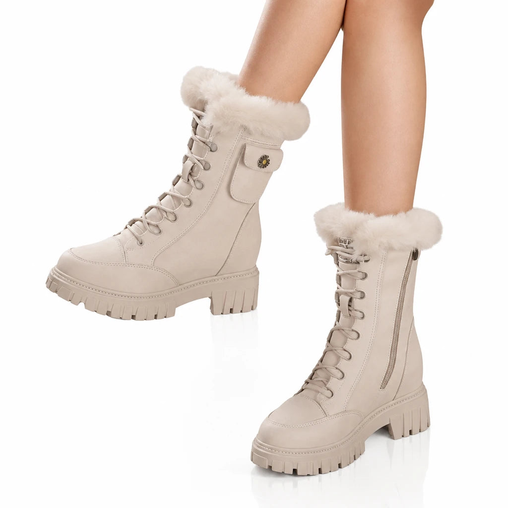 Off-white winter boots with faux fur trim, lace-up front, chunky platform heel, and side zipper.