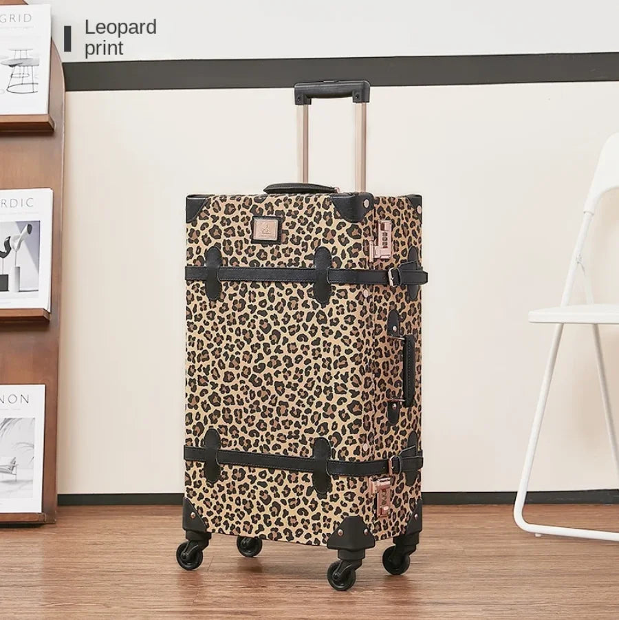 Trendy Retro Luggage Women's Roller Trunk Leopard Print Leather Suitcase 20" Boarding Box Set Waterproof Password Suitcase