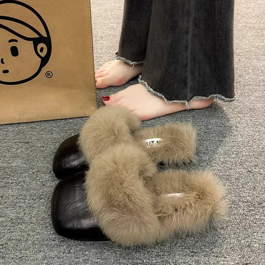 Women's Autumn/Winter Outdoor Wear New Style Flat Bottom Fur Slippers One Foot Drag No Heel Mule Fur Slippers Adult Simple