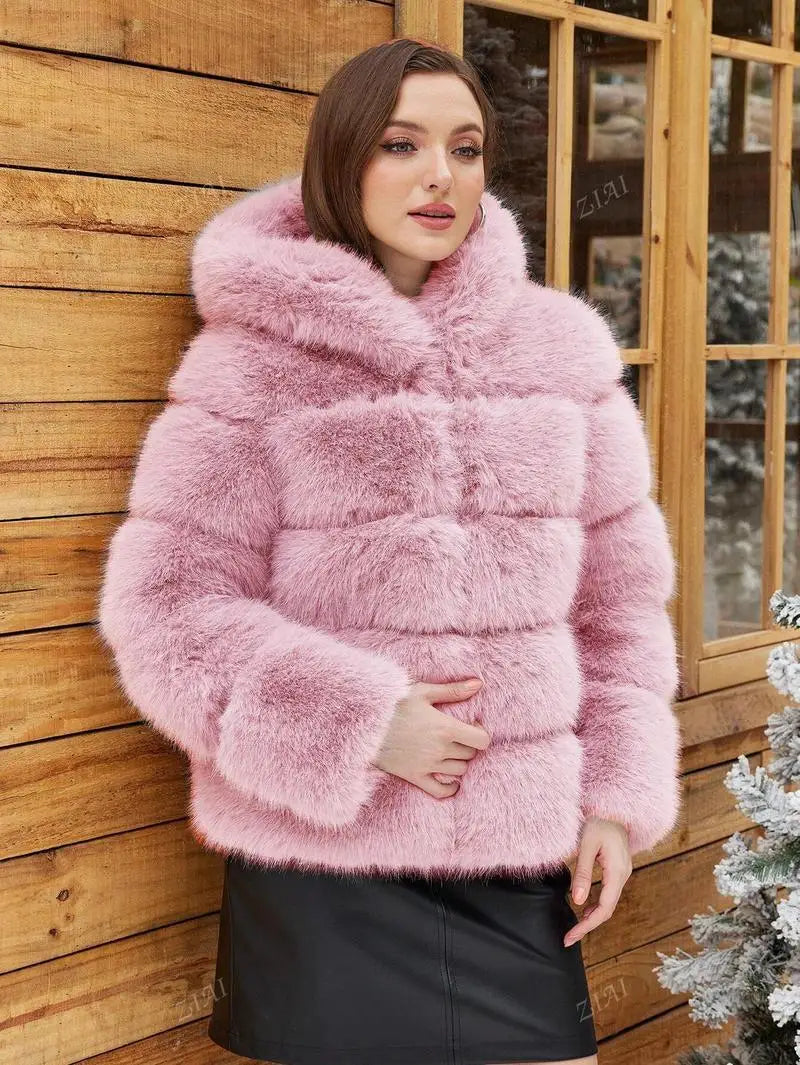 Luxe Women's Short Hooded Faux Fox Fur Coat Fashion Streetwear with Faux Fur Trim Thickened Winter Faux Fur Outwear