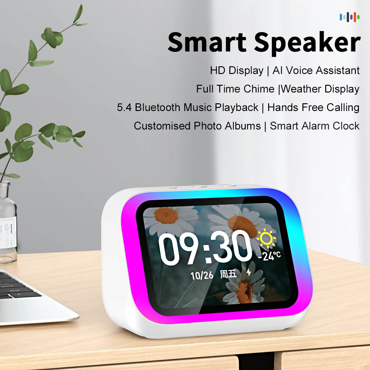 AI Smart Bluetooth 5.4 Touchscreen Speaker & Voice Assistant – Digital Album Alarm & HD Audio