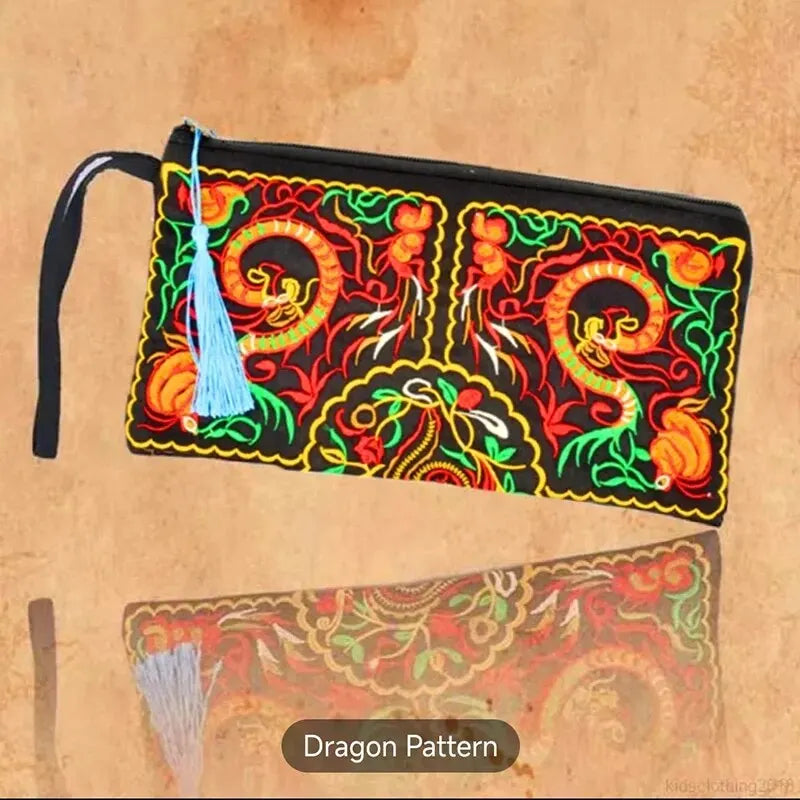 Retro Style Square Purse Ethnic Style Phone Clutches Floral Embroidered Bag Zipper Storage Bag Flower Fabric Clutch Bag