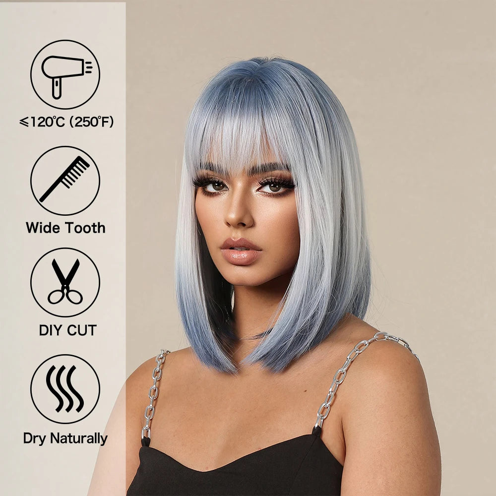 Synthetic Wigs Short Ombre Sky Blue White Wig with Bangs Straight Blunt Bob Cut Hair for Women Halloween Cosplay Heat Resistant