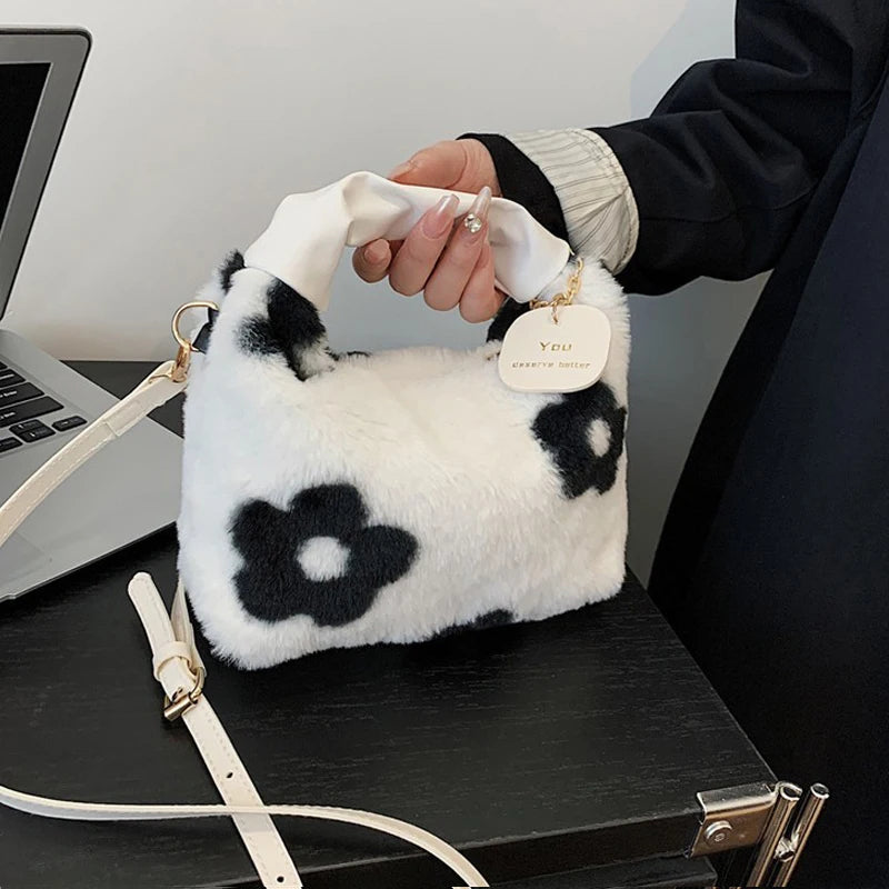 Women Faux Fur Plush Handbags Ruched Handle Small Lady Shoulder Crossbody Bag Casual Half-Moon Hobos Winter Bags for Women