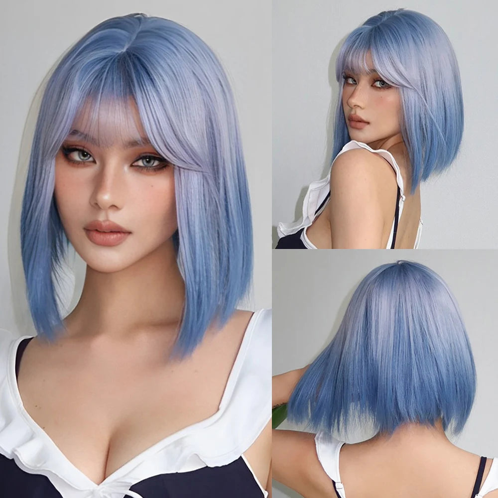Synthetic Wigs Short Ombre Sky Blue White Wig with Bangs Straight Blunt Bob Cut Hair for Women Halloween Cosplay Heat Resistant