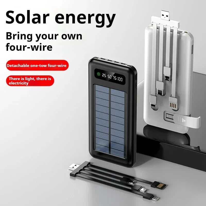 Solar Power Bank 20000mAh - Portable Fast Charging Outdoor Power Bank with Removable Cable