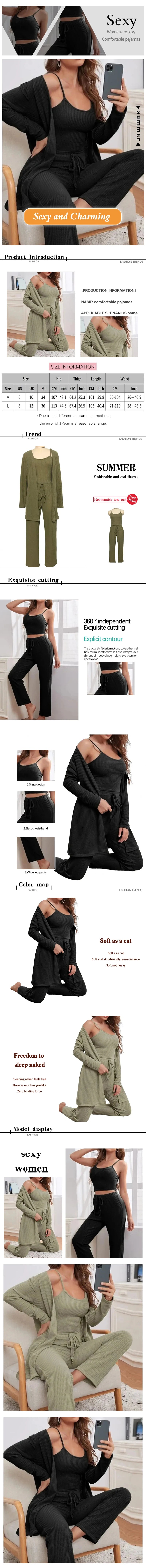 3Piece Women Sets Sling Tops Pants Robe Pajamas Lounge Home Wear Pyjama Pour Femme Slim Fit Loungewear