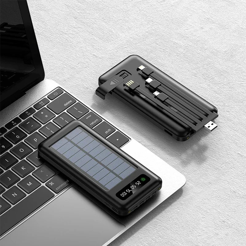 Solar Power Bank 20000mAh - Portable Fast Charging Outdoor Power Bank with Removable Cable