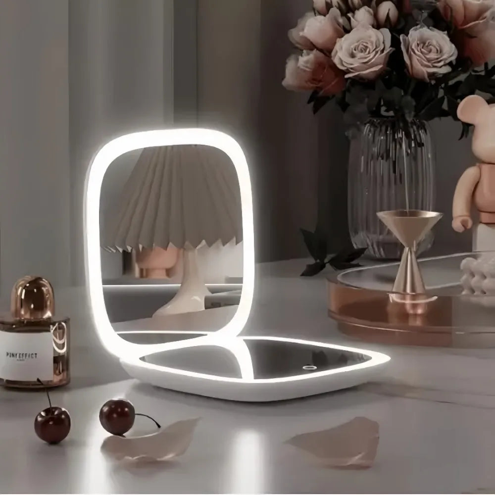 Portable Makeup Mirror with LED Fill Light Pocket Handheld Round Folding USB Charging Adjustable Hairdressing Tri Color Light