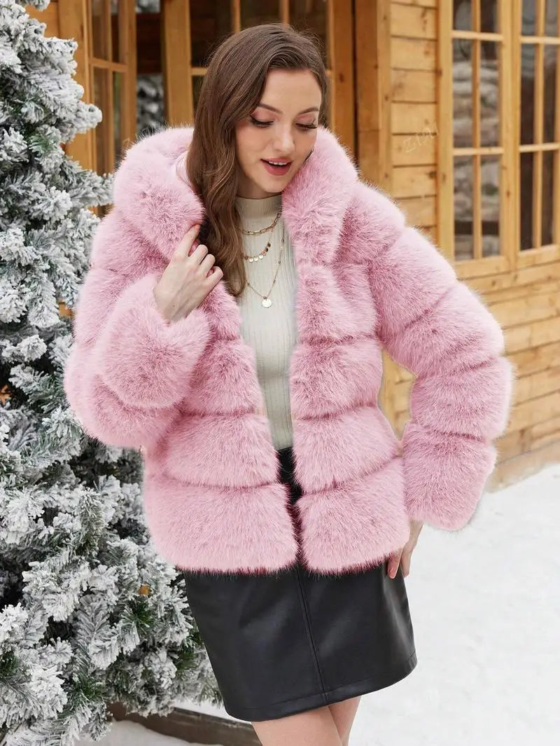 Luxe Women's Short Hooded Faux Fox Fur Coat Fashion Streetwear with Faux Fur Trim Thickened Winter Faux Fur Outwear