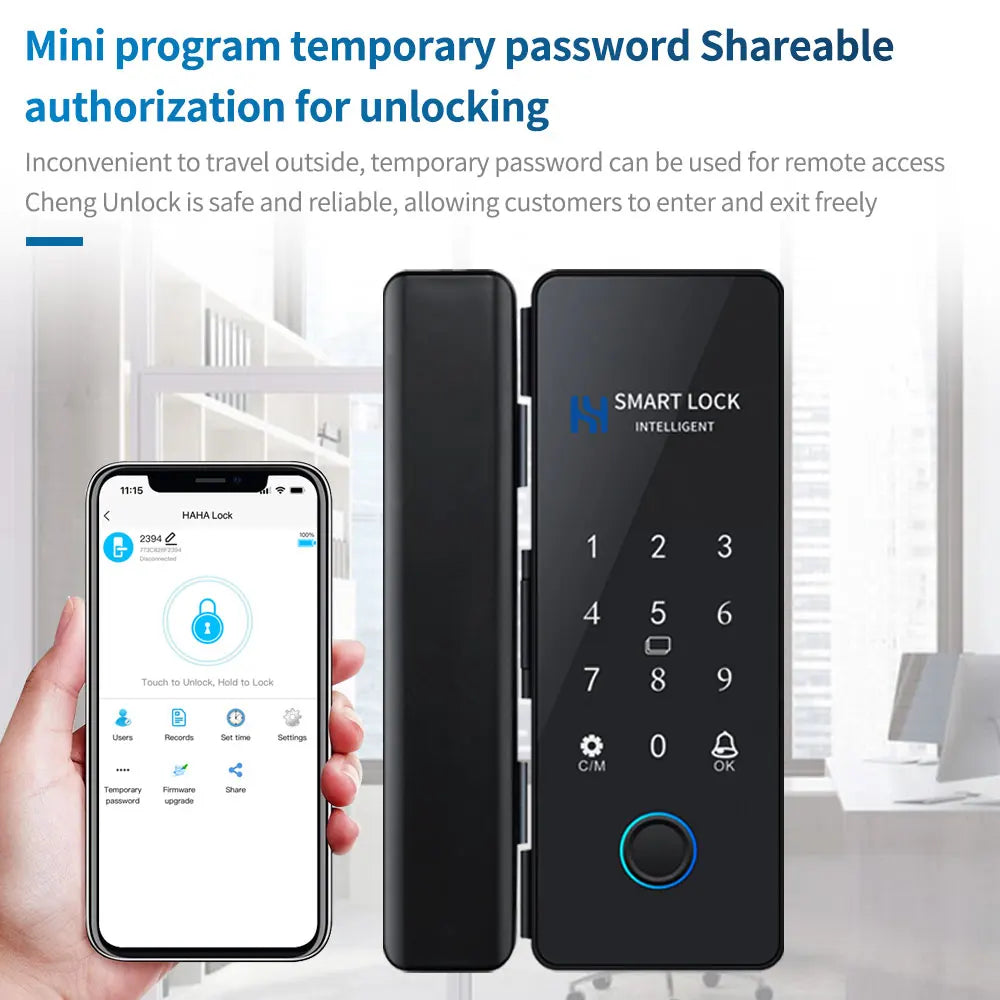 Lock App Bluetooth Smart Glass Door Lock Remote Unlock Fingerprint RFID IC Card Password with Time Attendance Record Report