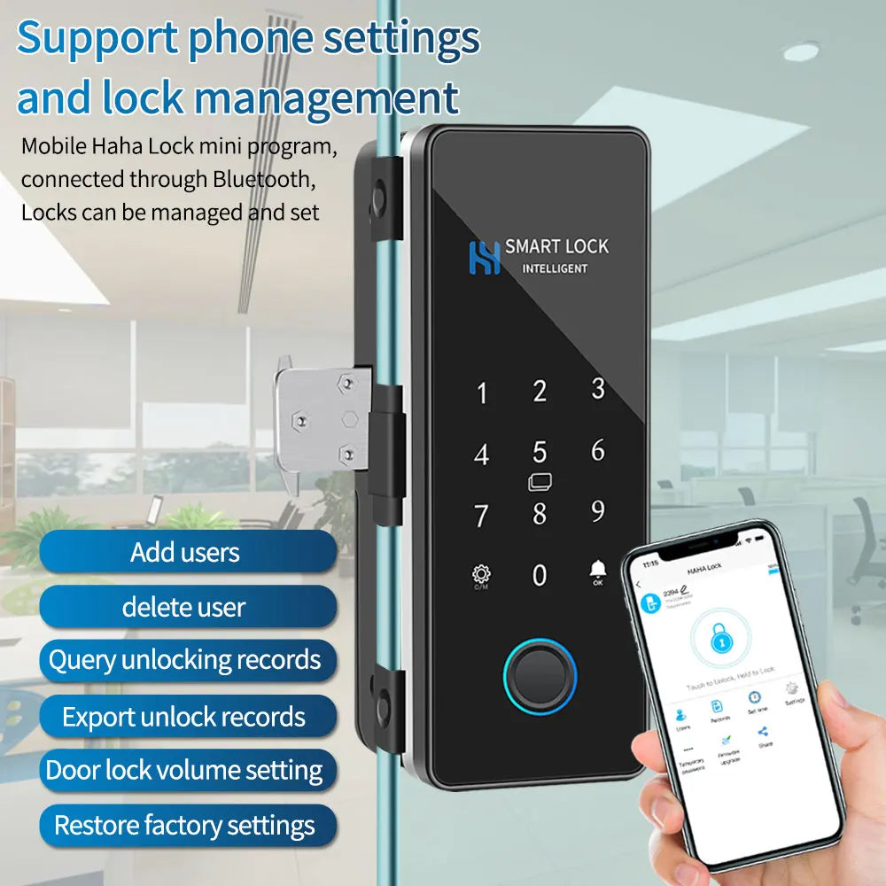 Lock App Bluetooth Smart Glass Door Lock Remote Unlock Fingerprint RFID IC Card Password with Time Attendance Record Report