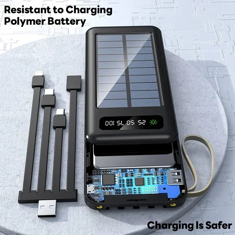 Solar Power Bank 20000mAh - Portable Fast Charging Outdoor Power Bank with Removable Cable