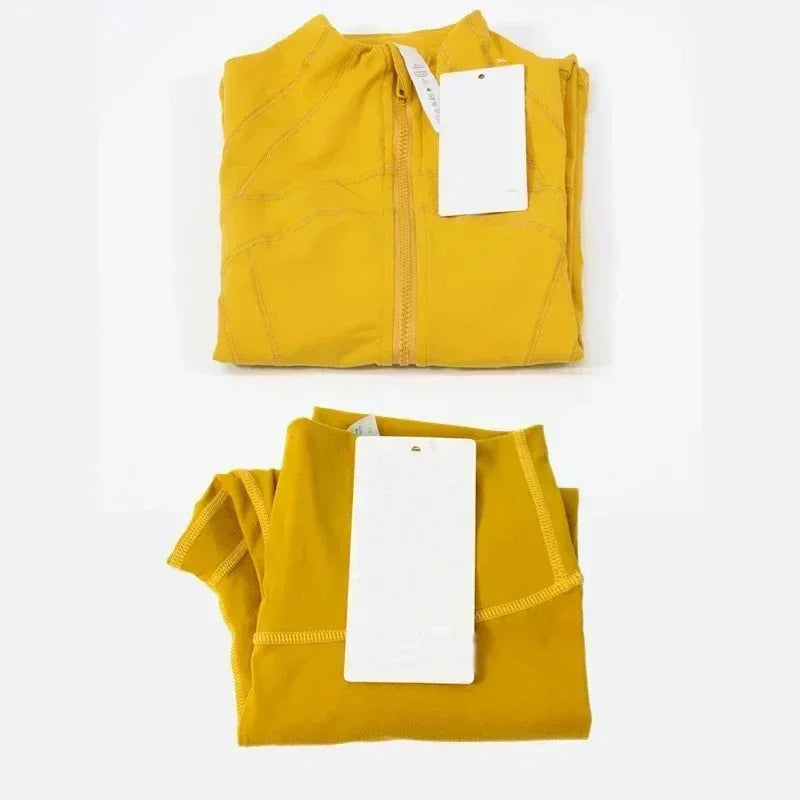 Mustard yellow folded stretchy knit yoga set with high waist leggings for active wear.