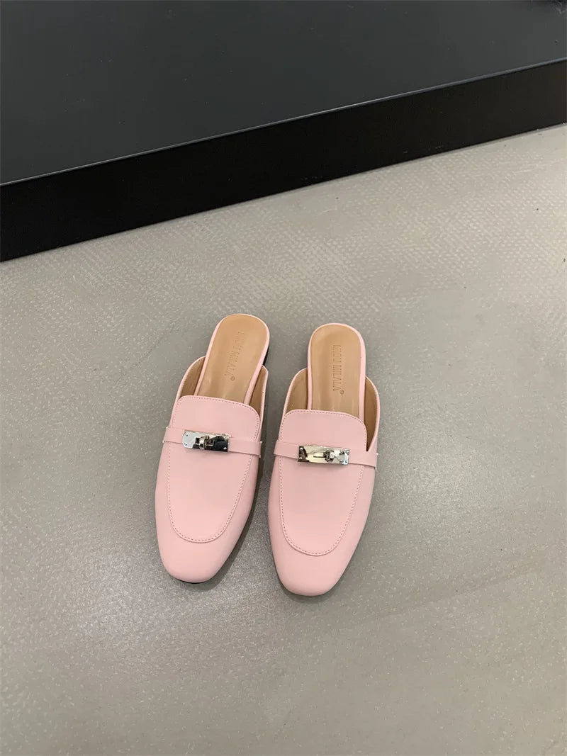 2025 Summer Autumn New Women's Leather Comfortable Slip On Slippers Daily Metal Decoration Casual Outside Mules Female Sandals