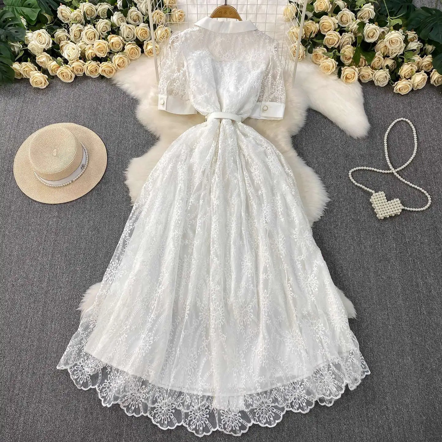Designer Runway Lace Blazer Dress – Luxury Embroidered Long Gown for Elegant Evenings