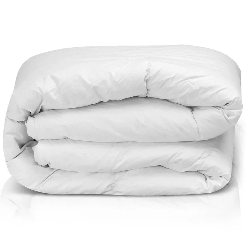 A folded white goose down comforter duvet insert with a smooth fabric finish.