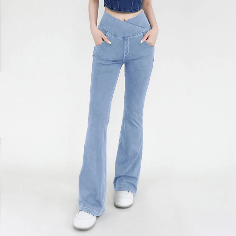 High Waist Denim Bell Bottom Jeans for Women with 4 Way Stretch and Comfortable Fit