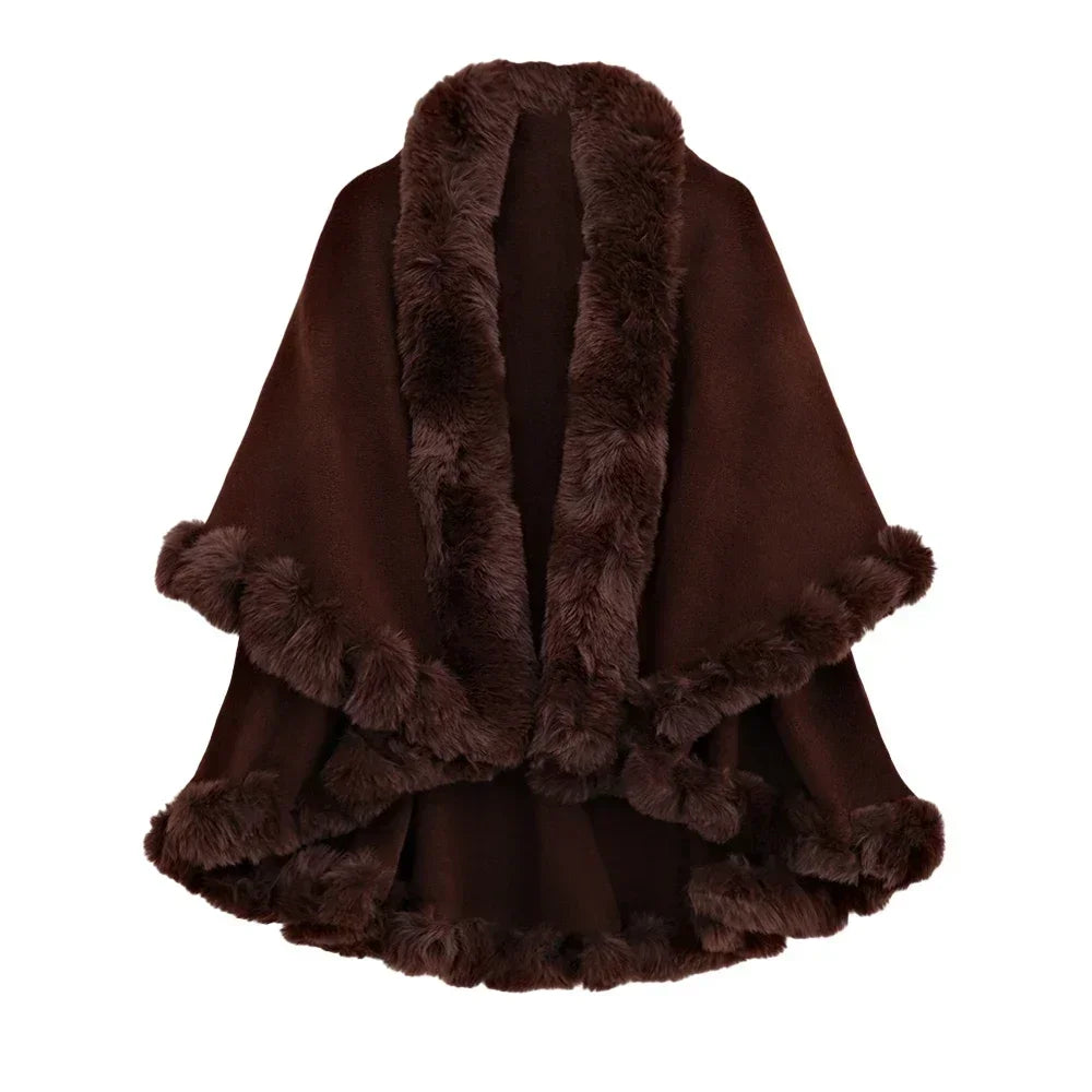 Double Layer Faux Fur Trim Womens Knitted Poncho Shawl Warm Cape Multiple Colors Ideal for Fall and Winter Daily and Formal Wear