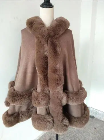 7 Women 2 Circle Fur Poncho Shawl Cloak With Hat Faux Fur Cape Big Pendulum Dovetail Cardigan Winter Warm Thick Loose Overcoat