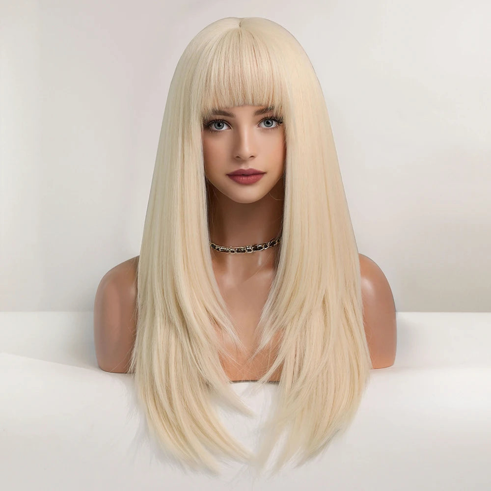 Blonde Long Straight Hair Wig Women Wig with Bangs Heat Resistant Synthetic Wig Halloween Cosplay Daily Natural Fake Hair