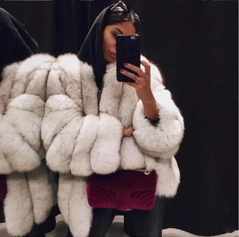 Luxe Faux Fur Jackets for Women Long Puff Sleeve Woman Coat Solid Short Warmth Outerwear Clause Ladies Elegant Streetwear
