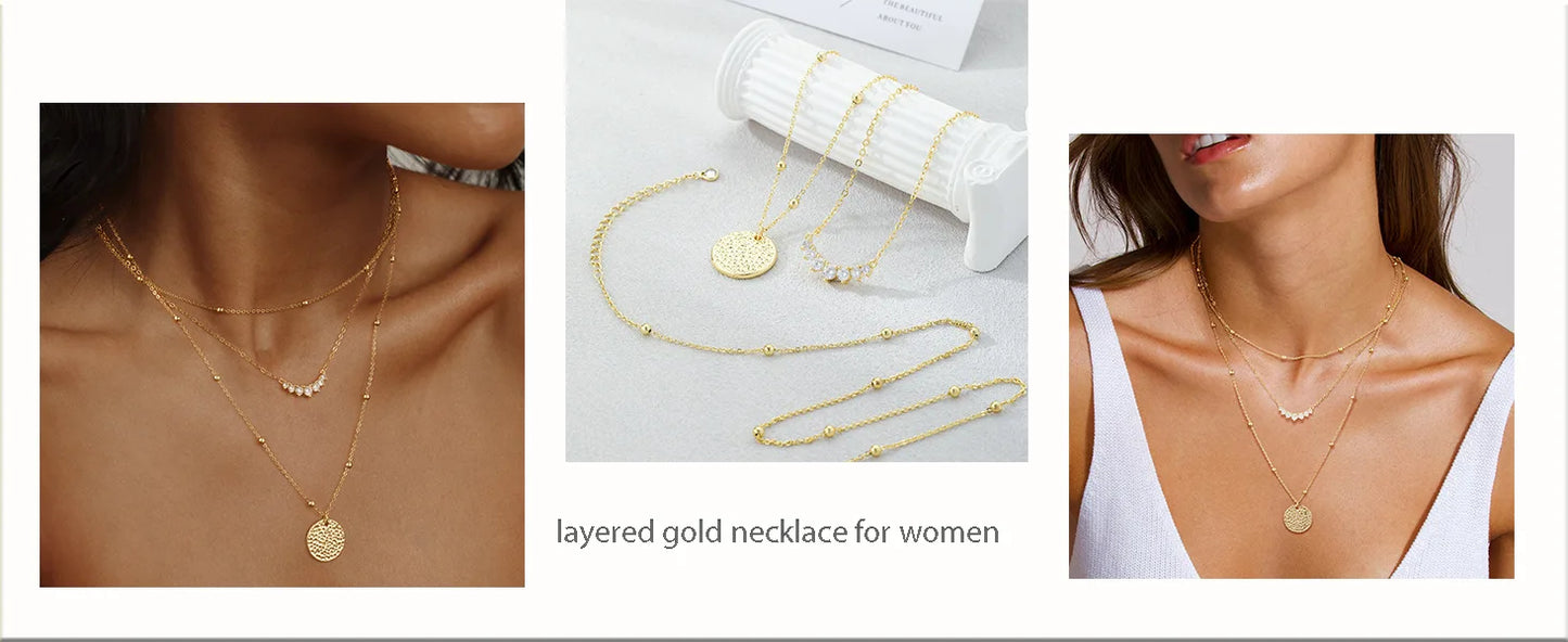 LENNIK European Layered Necklace - Brass Gold Plated Choker Chain Jewelry