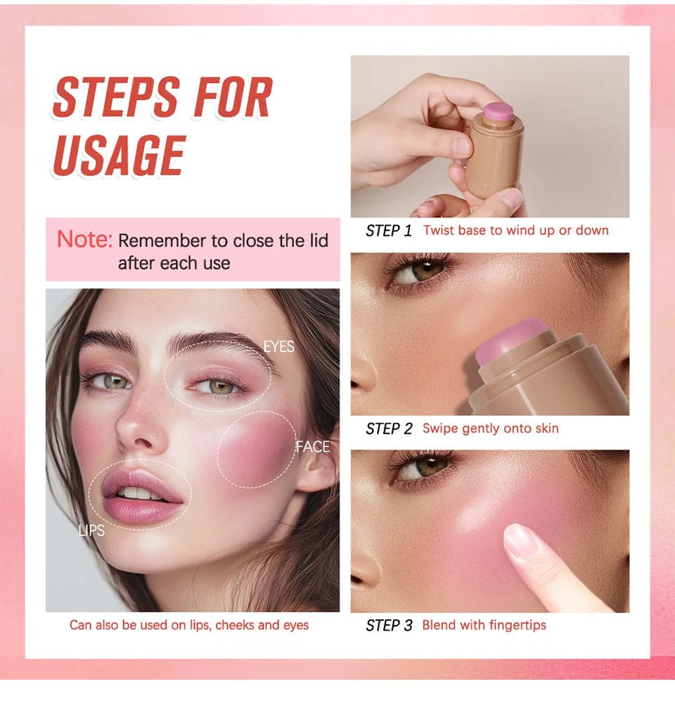 Pink Beauty Multi-use Blush Stick For Lips Cheek Long-lasting Hydrating Highlights Brighten Soft Natural Flush Cream Blush Stick