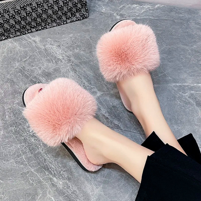 New Woman Slippers Winter Simple Word Fur Flats Soft Home Women Slippers Faux Fur Warm Bedroom Leisure Female Shoes