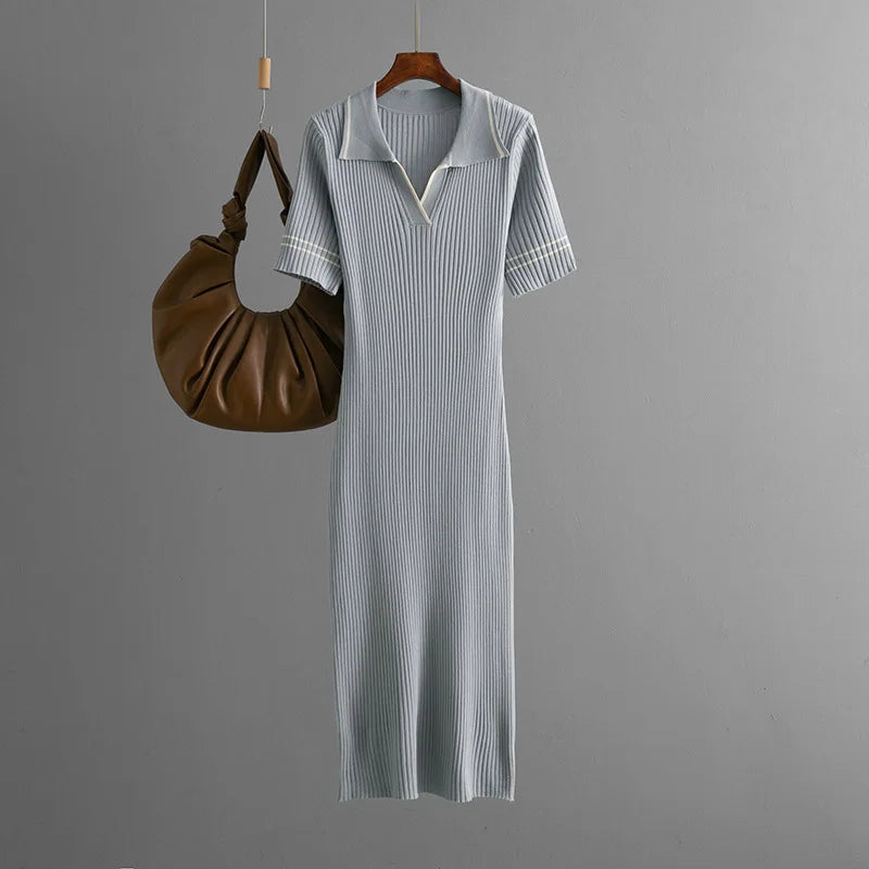 Polo-Neck Dress Knee-Length Office to Casual Wear Breathable