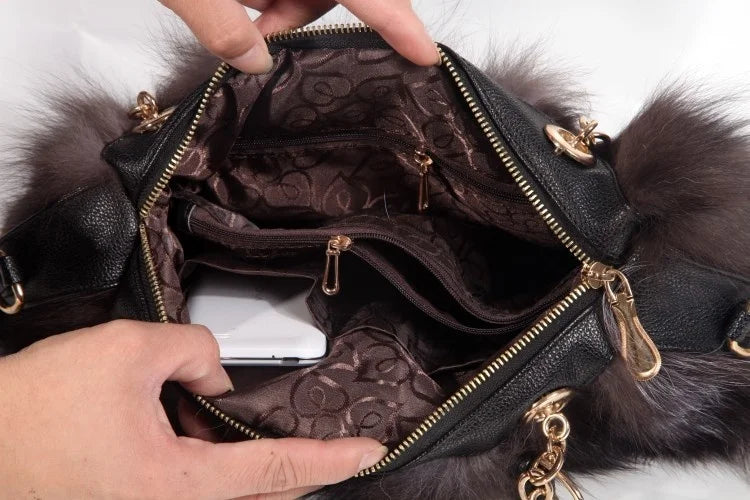 Real Fur Women Handbags Women Luxury Fox Fur Bag Fashion Female Furry Handbag Real Leather Evening Bag Natural Fur Shoulder Bag