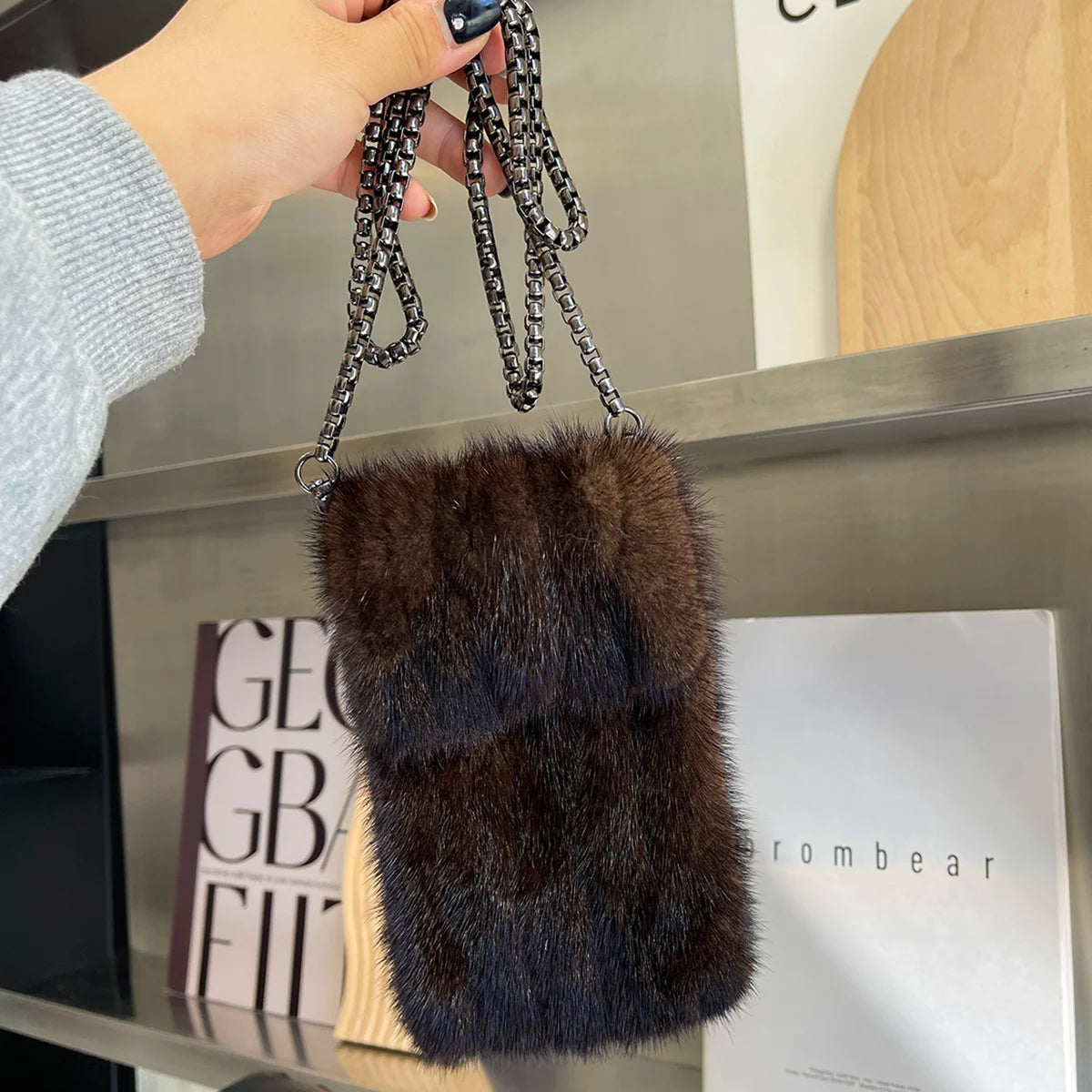 Real Mink Fur Bag Crossbody Bags For Women Phone Bag Lady Shoulder Bags Real Fur Bag Female Messenger Bag Winter Handbag Ladies
