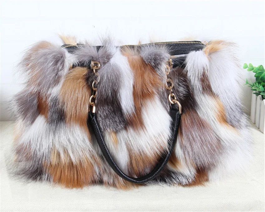 2026 Luxury Real Fox Fur Bag Winter Women Handbag Designer Luxury Bag Evening Party Bags Leather High Quality Shoulder Bag Natural Fur Bag
