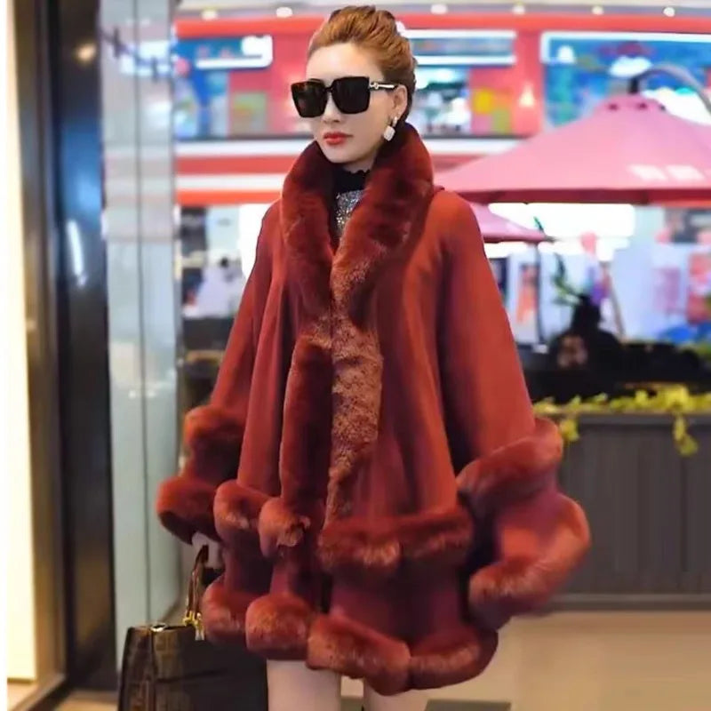 7 Women 2 Circle Fur Poncho Shawl Cloak With Hat Faux Fur Cape Big Pendulum Dovetail Cardigan Winter Warm Thick Loose Overcoat