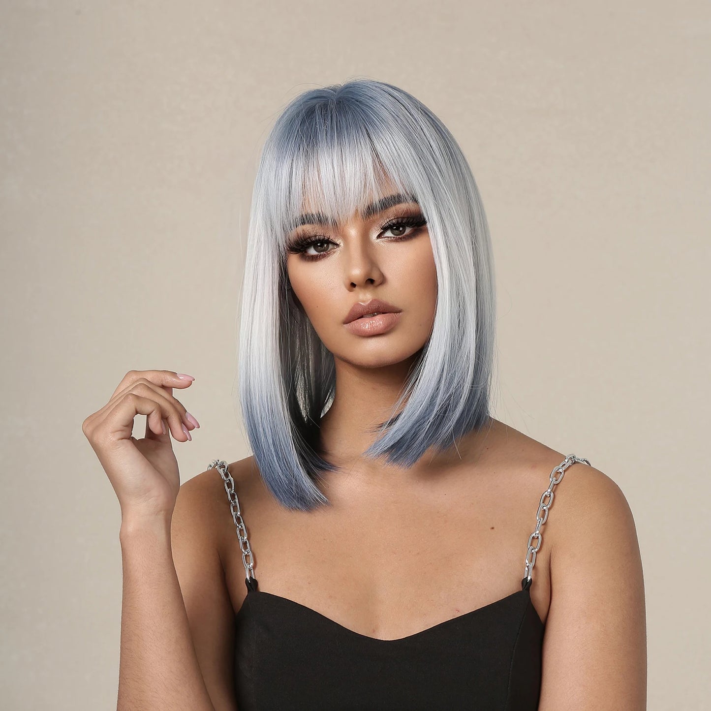 Synthetic Wigs Short Ombre Sky Blue White Wig with Bangs Straight Blunt Bob Cut Hair for Women Halloween Cosplay Heat Resistant