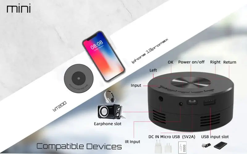 HD Mini Portable Projector Home Media Player Audio LED YT200 Same Screen Projector For Android IOS