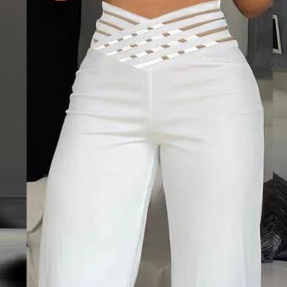 White high-rise pants featuring a wide waistband with crisscross mesh cutouts.