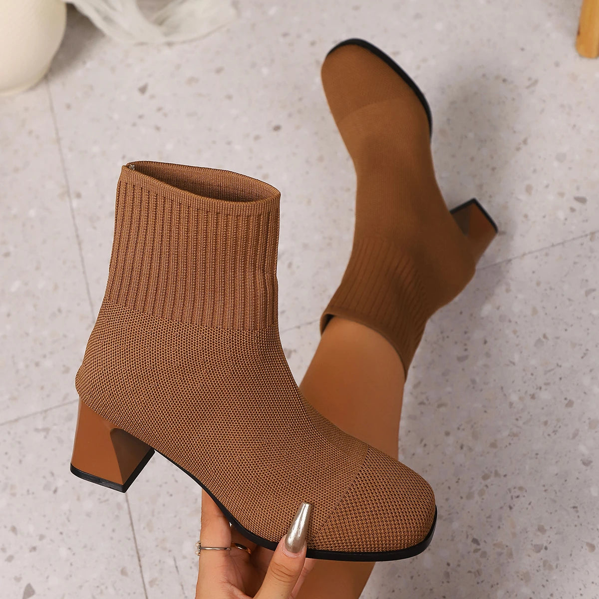 Women's Knitted Heel Boots 2025 - Yellow Beige Fashion Elastic Sock Boots with Square Heel