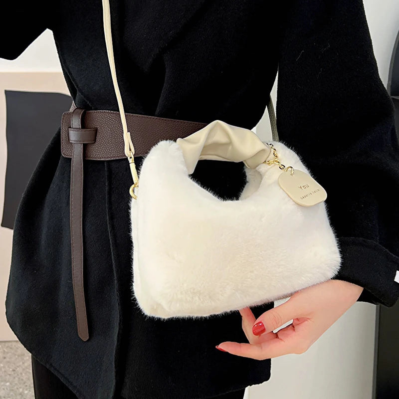 Women Faux Fur Plush Handbags Ruched Handle Small Lady Shoulder Crossbody Bag Casual Half-Moon Hobos Winter Bags for Women