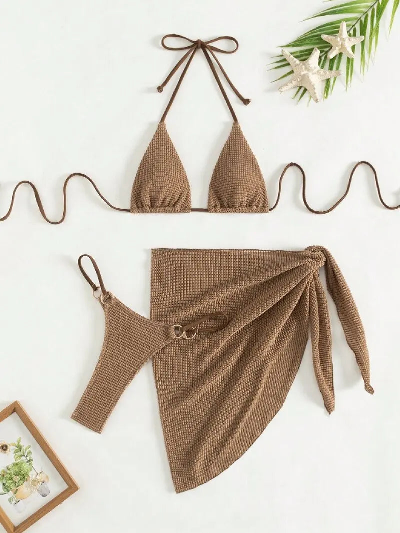 Women's Halter Push-Up Three-Piece Bikini Set with Skirt Cover-Up
