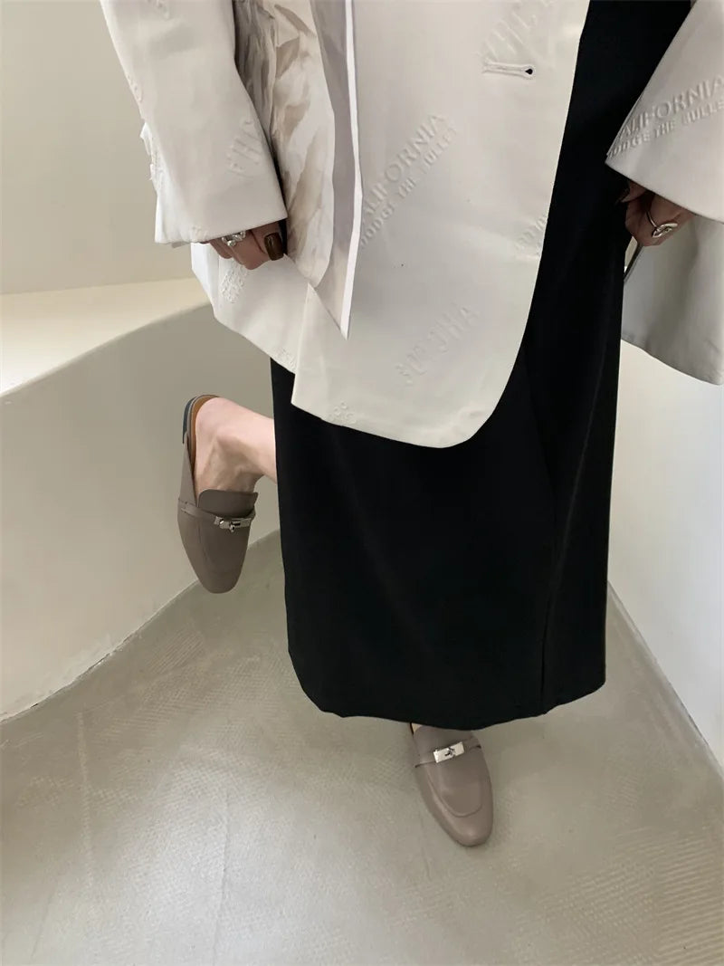 2025 Summer Autumn New Women's Leather Comfortable Slip On Slippers Daily Metal Decoration Casual Outside Mules Female Sandals