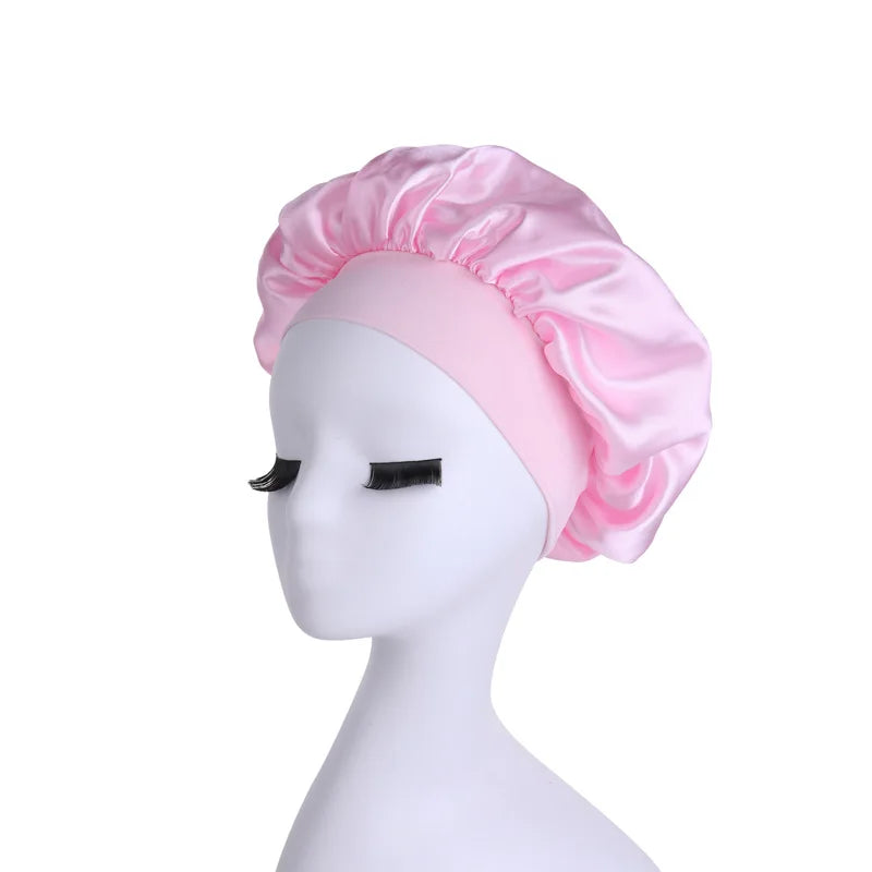 Women Satin Bonnet Wide Band Elastic Sleep Cap Hair Care Head Wrap Beauty Spa Bathing Hat Night Sleeping Cap for Curly Long Hair