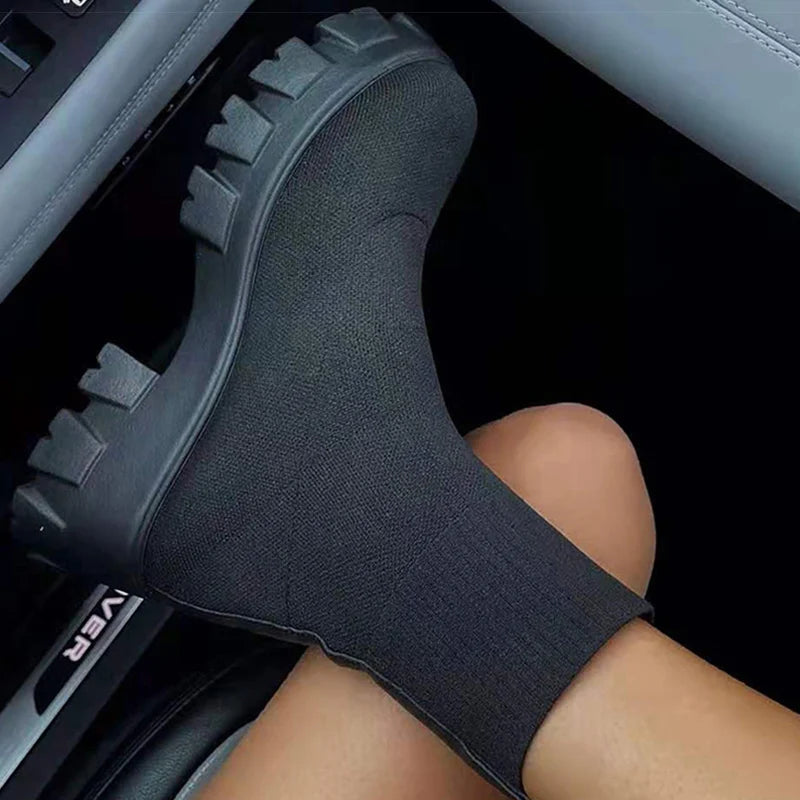 CloudStep Luxe Platform Sock Shoes Boots – Chunky Knit Stretch Boots with Heels | Trendy Women’s Fashion Streetwear Shoes