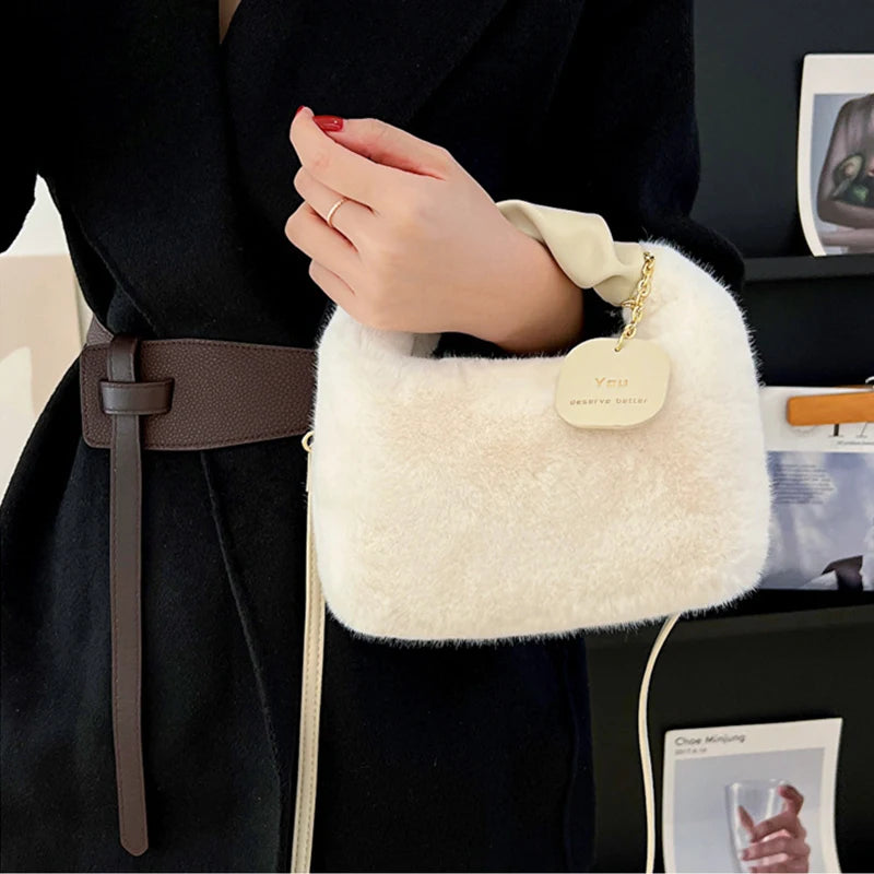 Women Faux Fur Plush Handbags Ruched Handle Small Lady Shoulder Crossbody Bag Casual Half-Moon Hobos Winter Bags for Women