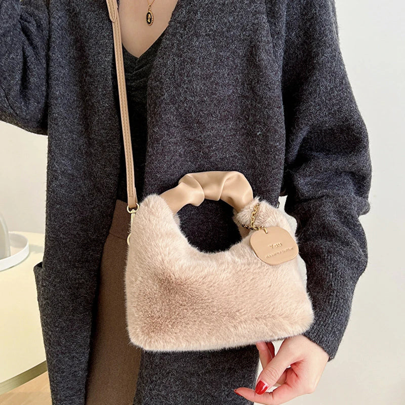 Women Faux Fur Plush Handbags Ruched Handle Small Lady Shoulder Crossbody Bag Casual Half-Moon Hobos Winter Bags for Women