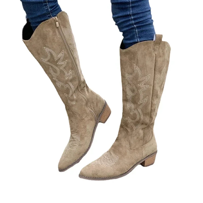 Embroidered Western Cowboy Boots for Women - Pointed Toe Knee High Boots with Thick Heel