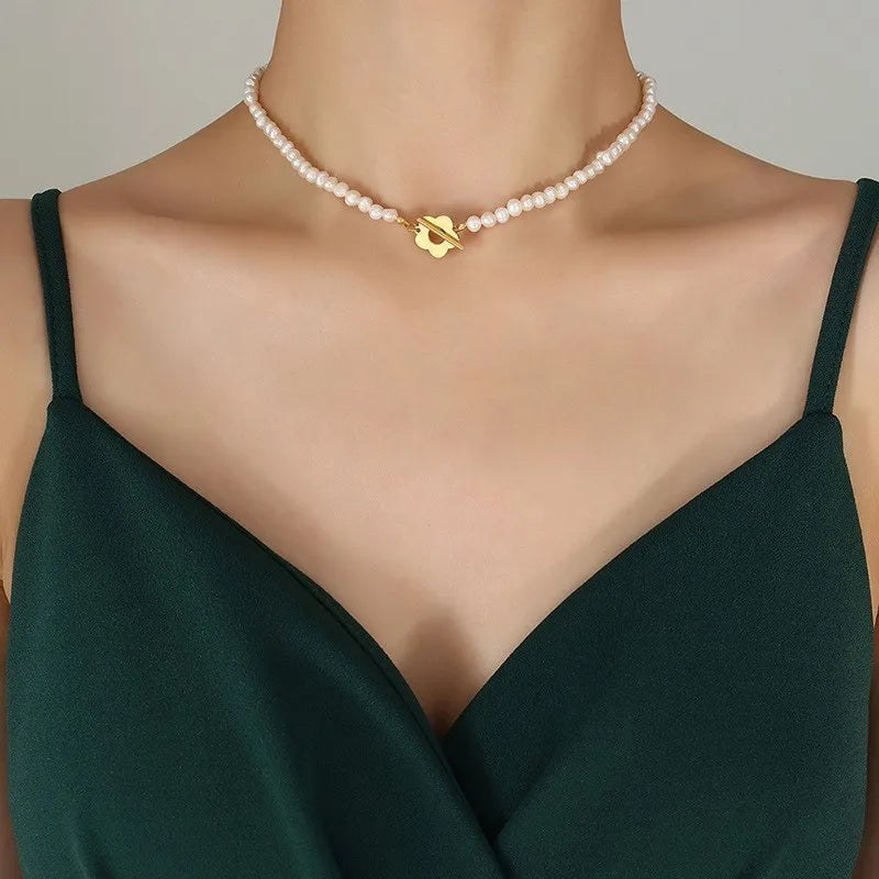 Natural Freshwater Pearl Bead Necklace Bracelet For Women Stainless Steel Gold Plated OT Buckle Women's Necklaces Bracelets Sets