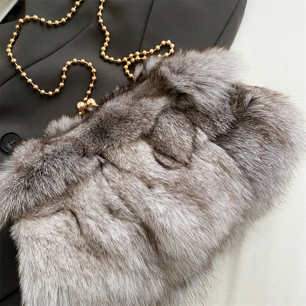 Luxury Soft Plush Evening Bags For Elegant Women Fox Fur Dinner Party Clutch Chain Crossbody Winter Warm Luxury Designer Handbags