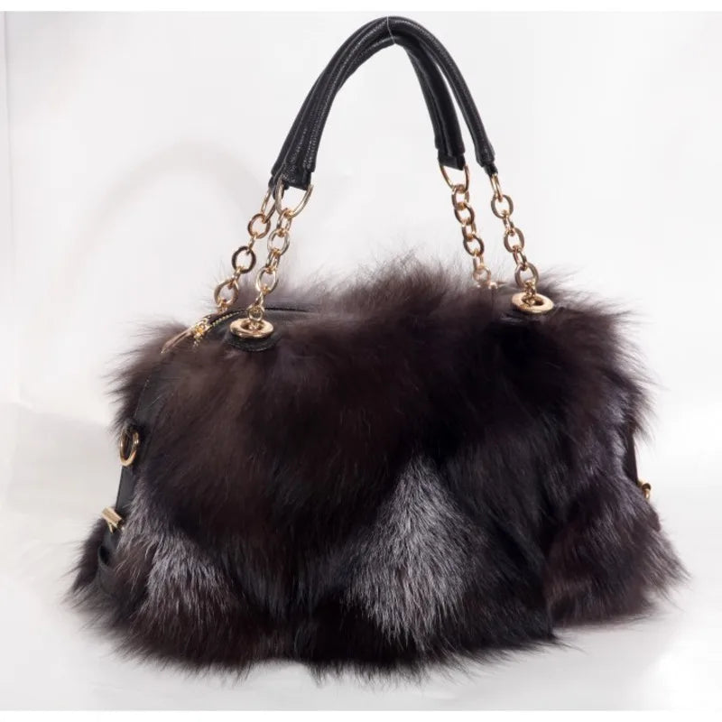 Real Fur Women Handbags Women Luxury Fox Fur Bag Fashion Female Furry Handbag Real Leather Evening Bag Natural Fur Shoulder Bag