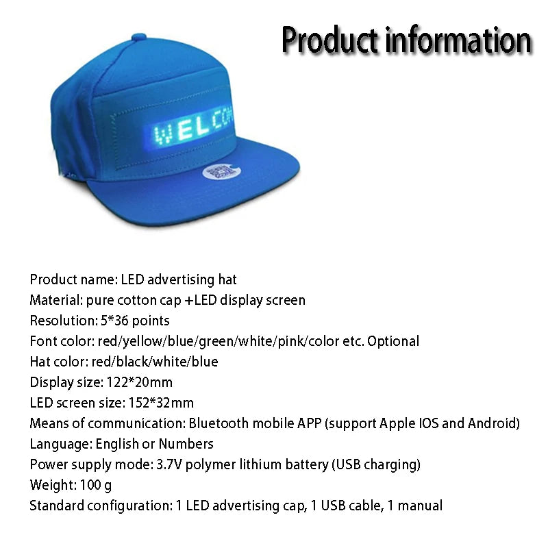 Glowing Advertising Hat Diy Text And Images Neon Rave Grand Event Outdoor Sports Costumes Accessories LED Mobile Bluetooth Hats